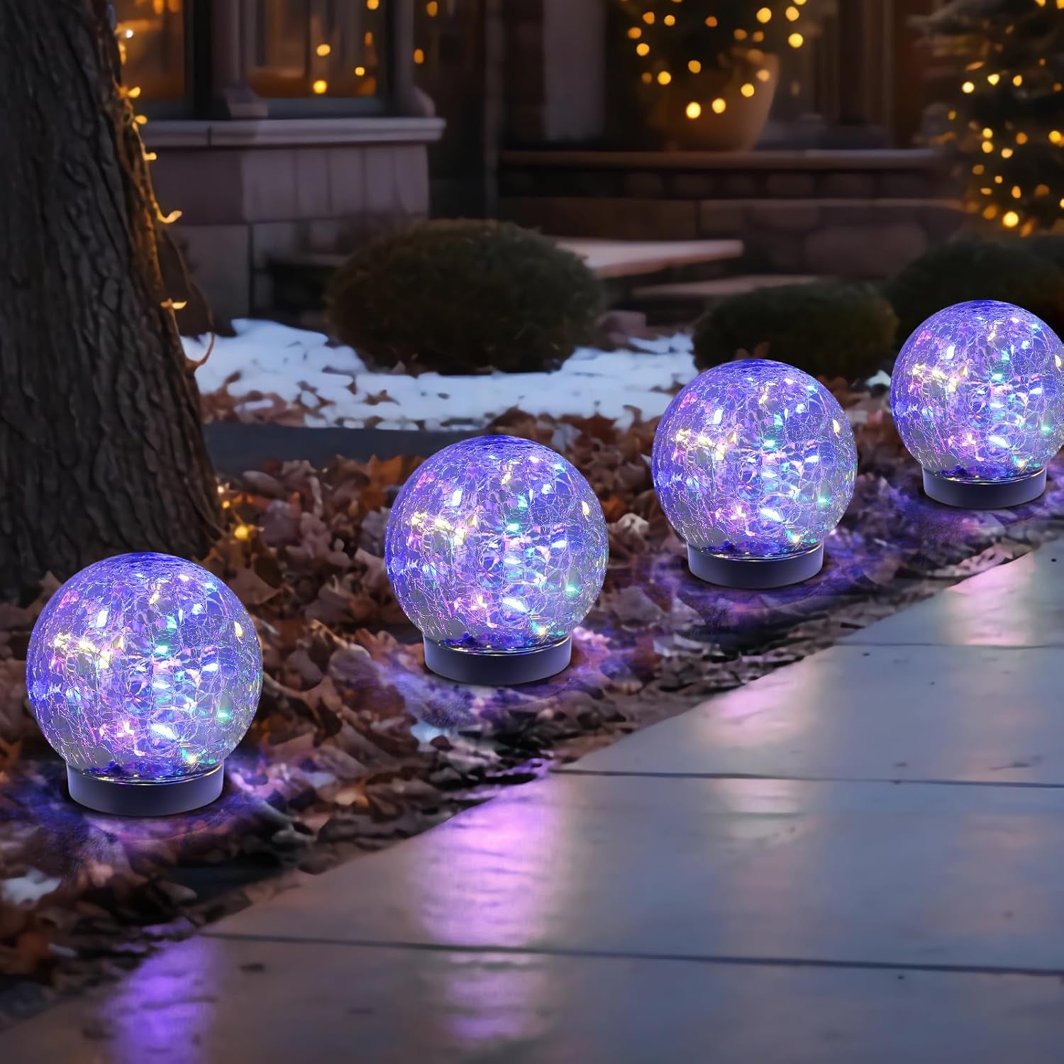 Solar Globe Lights Outdoor Waterproof-Solar Balls-Solar Garden Lights-Solar Orbs for outside 4 Pack Cracked Glass Ball for Lawn Patio Yard Backyard Decorations