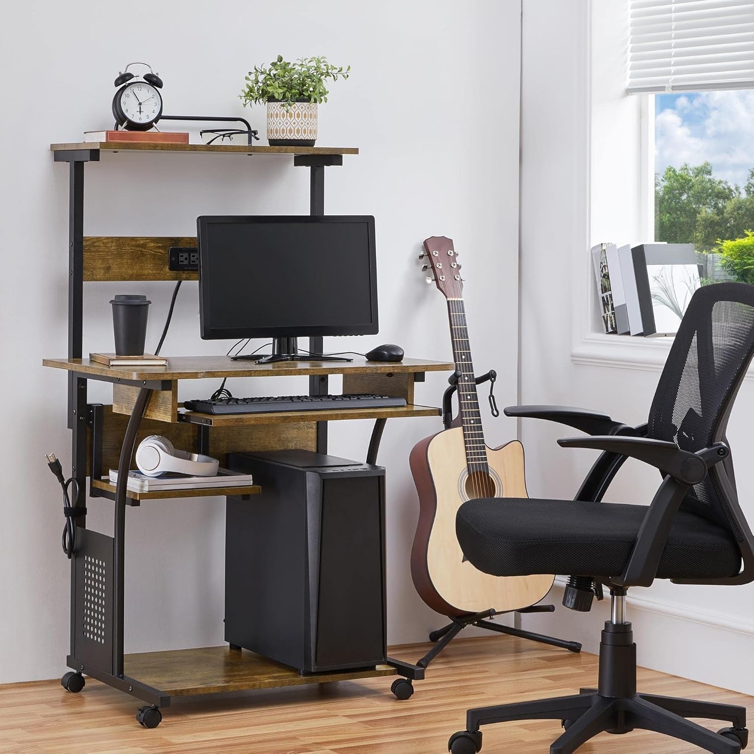 3 Tiers Rolling Computer Desk on Wheels with Charging Station and Keyboard Tray, Mobile Home Office Desk PC Laptop Workstation with Power Outlet and USB Ports for Home Studying, Rustic Brown