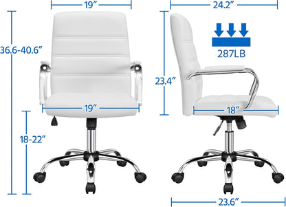 Office Desk Chair Mid-Back Leather Computer Chair Height Adjustable Ergonomic Executive Chair W/Lumbar Support Comfy Thick Padded Armrests and Seat, White