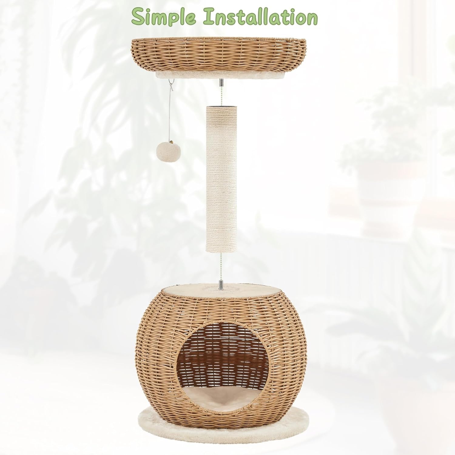 Cat Tree, 29.5In Rattan Cat Tower for Indoor Cats W/Scratching Post, Woven Cat Condo and Soft Cushion Top Perch, Aesthetic Cat Tree for Kittens