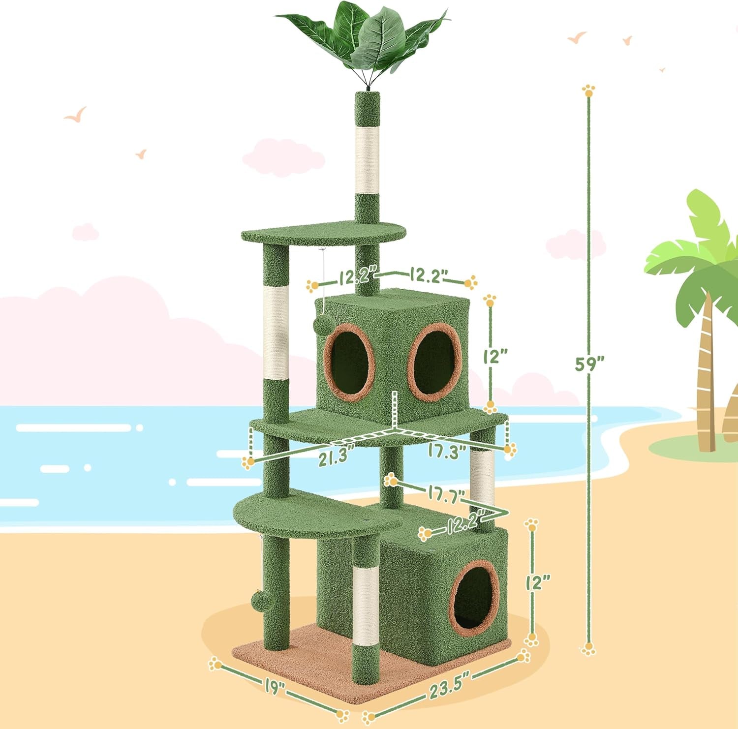 59In Palm Cat Tree, Cute Cat Tower W/Green Palm Frond, Spacious Platform, Double-Level Cat Condo, Scratching Posts, Fluffy Balls for Cat Kitty, Multi-Level Large Cat Tree for Indoor Cats