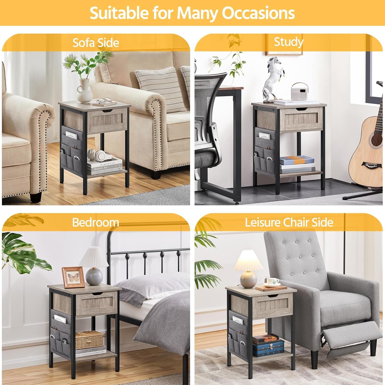 End Table with Drawer and Shelf, Sofa Side Table with Removable Storage Bag, Wooden Nightstand Bedside Table with Steel Legs for Living Room/Bedroom/Small Space, Gray