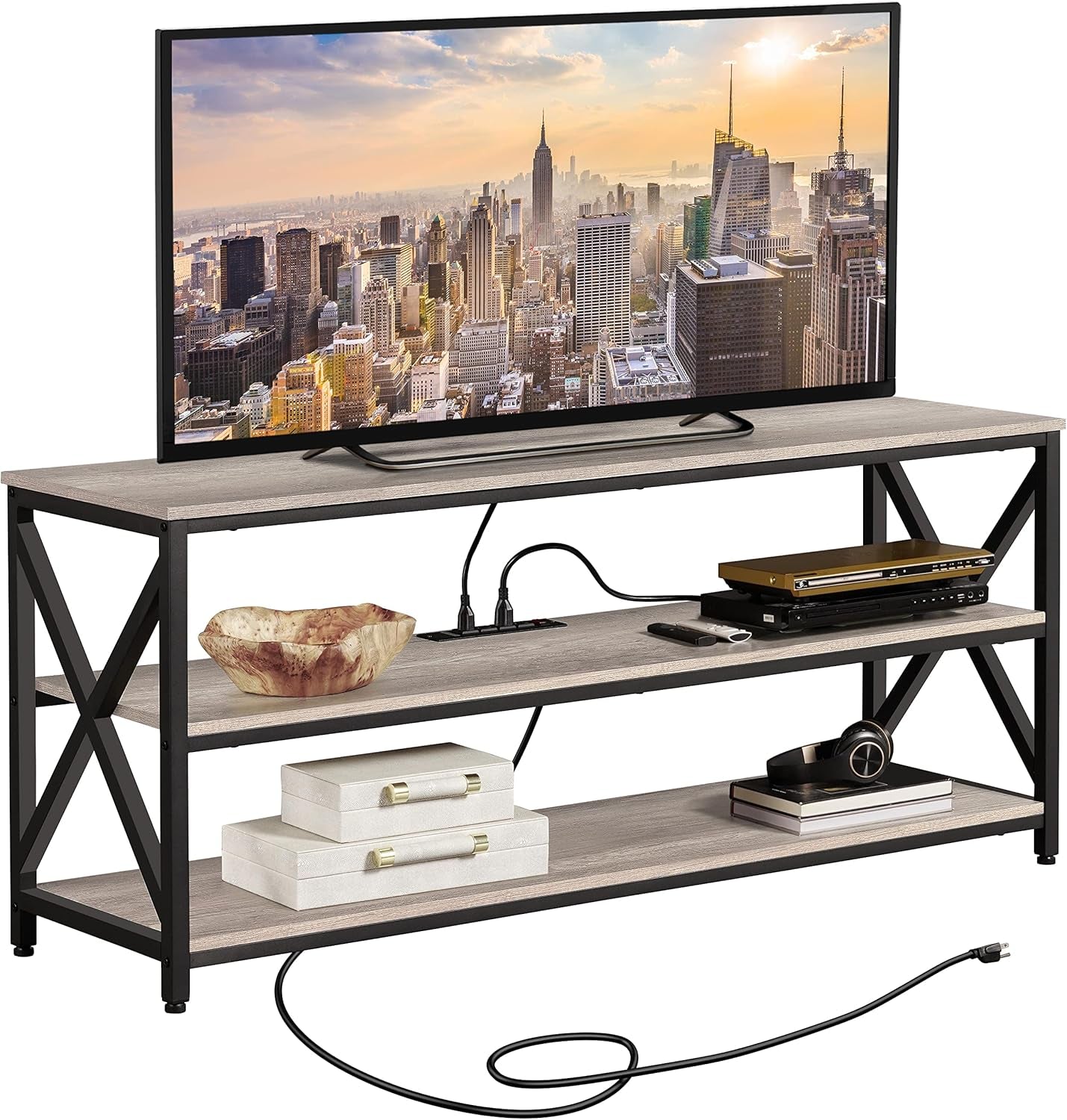 TV Stand for TV up to 65 Inch, Media Entertainment Center with Power Outlets &amp; 3 Tier Storage Shelves, 55 Inches TV Console Table for Living Room, Bedroom, Gray