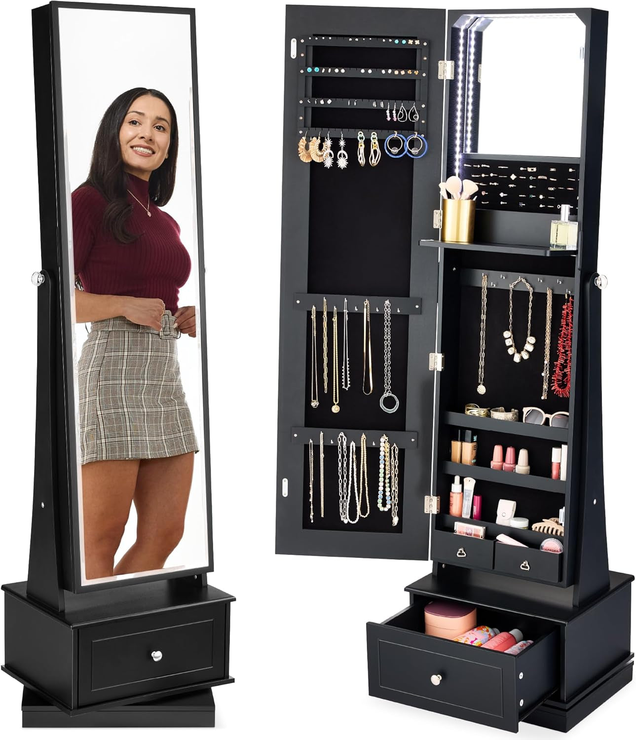 360 Swivel Mirrored Jewelry Cabinet, Standing Armoire, Makeup Storage Organizer, W/Led-Lit Mirror, 3 Shelves - White