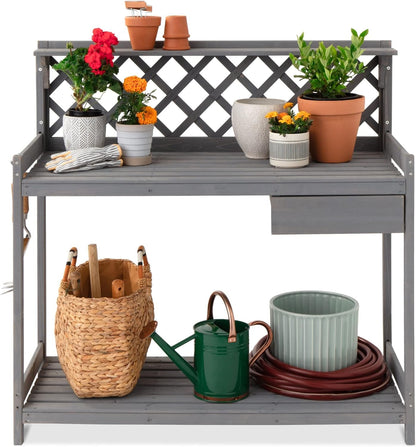 Outdoor Garden Potting Bench, Wooden Workstation Table W/Cabinet Drawer, Open Shelf, Lower Storage, Lattice Back - Natural