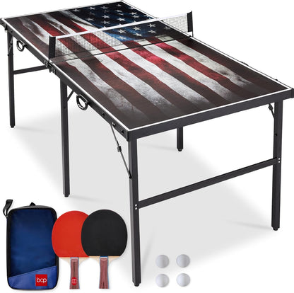 6X3Ft Portable Ping Pong Table, Mid-Size Folding Indoor Outdoor Table Tennis W/ 2 Paddles, 4 Balls Included, Carrying Bag