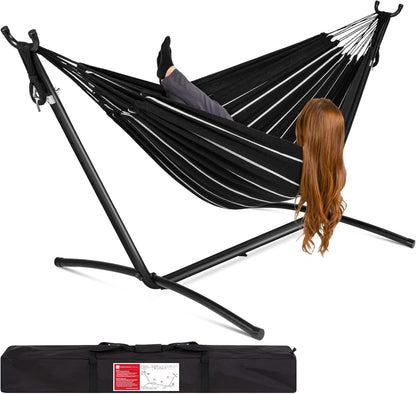 Double Hammock with Steel Stand, Indoor Outdoor Brazilian-Style Cotton Bed W/Carrying Bag, 2-Person Capacity - Desert Stripes