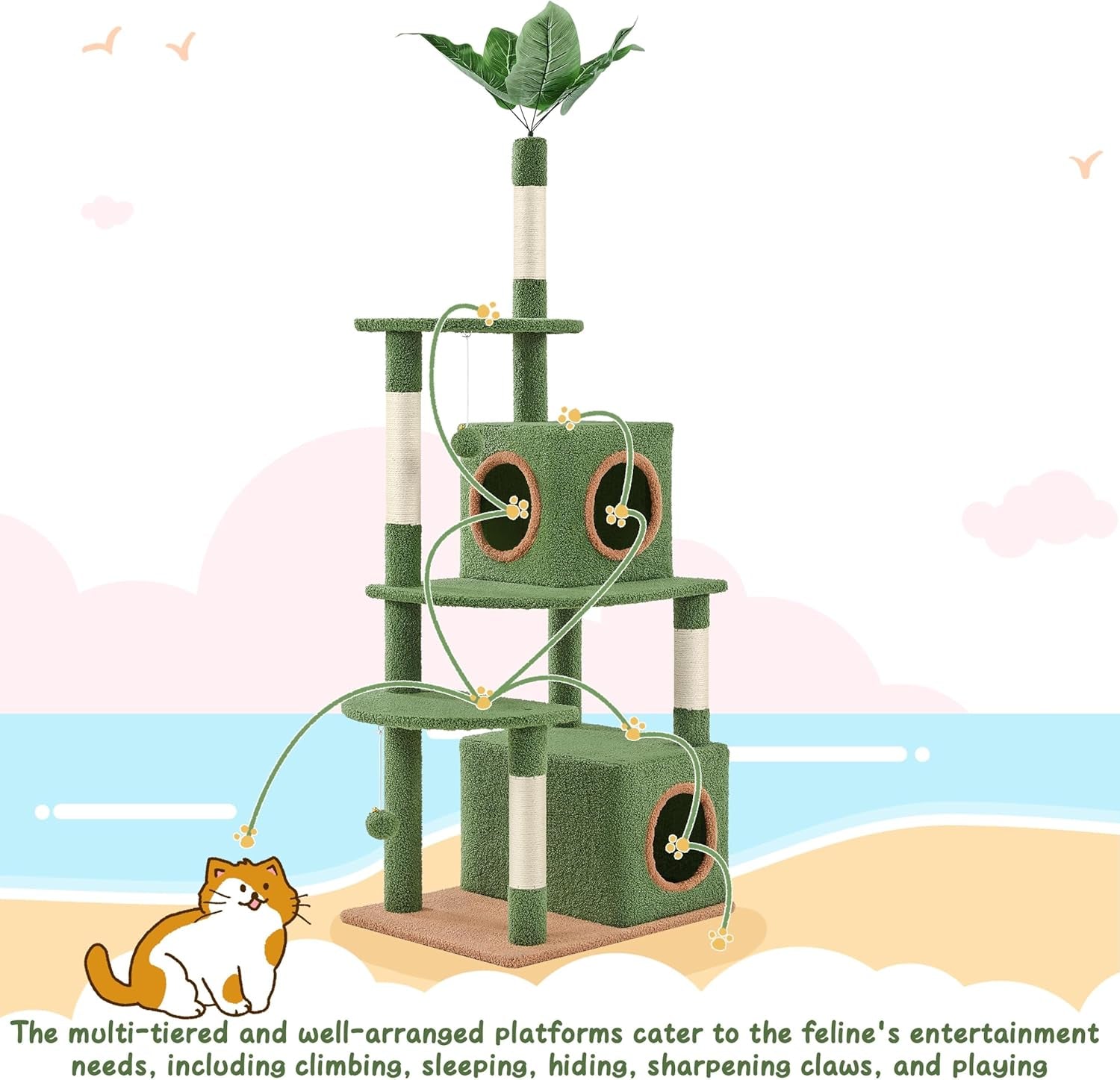 59In Palm Cat Tree, Cute Cat Tower W/Green Palm Frond, Spacious Platform, Double-Level Cat Condo, Scratching Posts, Fluffy Balls for Cat Kitty, Multi-Level Large Cat Tree for Indoor Cats