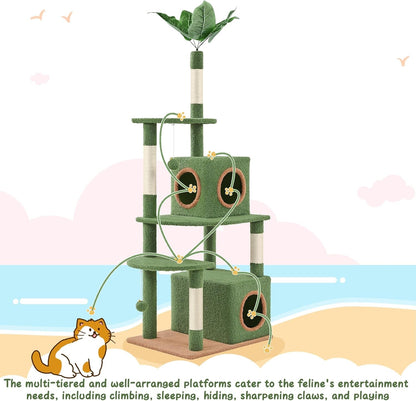 59In Palm Cat Tree, Cute Cat Tower W/Green Palm Frond, Spacious Platform, Double-Level Cat Condo, Scratching Posts, Fluffy Balls for Cat Kitty, Multi-Level Large Cat Tree for Indoor Cats