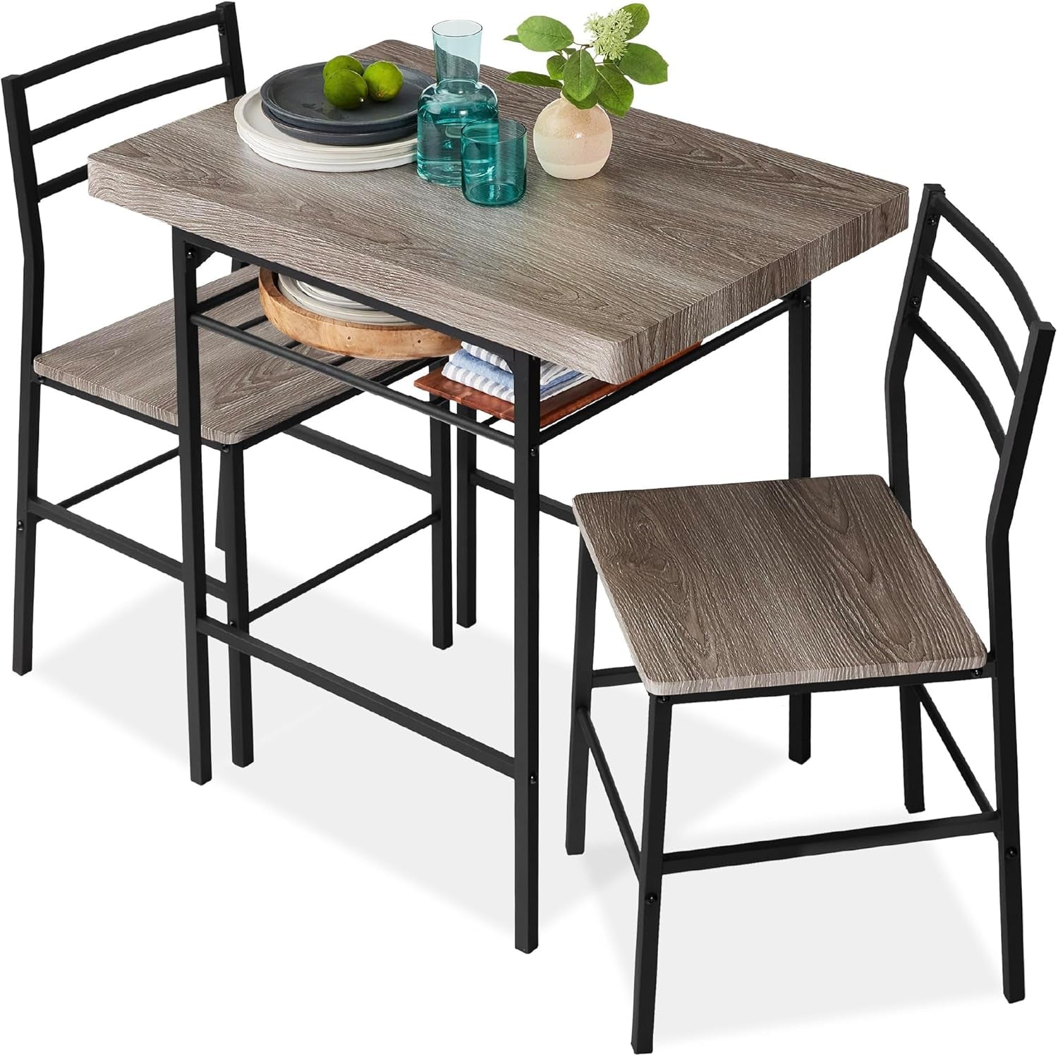 3-Piece Modern Dining Set, Space Saving Dinette for Kitchen, Dining Room, Small Space W/Steel Frame, Built-In Storage Rack - Brown