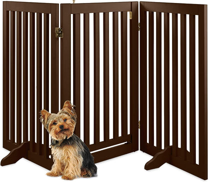 31.5In 3-Panel Freestanding Wooden Pet Gate W/Walk through Door, Adjustable Pen, Support Feet - Espresso