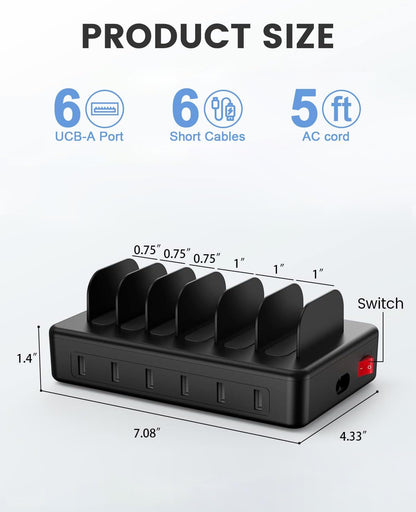 Charging Station, 50W 6 Ports Multi Charger Station with 6 Charging Cables, USB Charging Dock for Multiple Devices, Compatible with Cellphone Ipad Kindle Tablet and Other Electronic