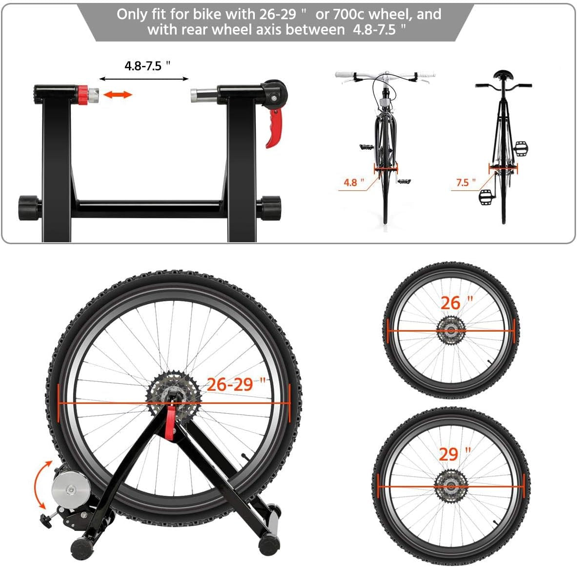 Magnetic Bike Trainer Stand W/ 6 Speed Level Wire Control Adjuster,Noise Reduction,Quick-Release &amp; Front Wheel Riser Resistance Foldable Bicycle Exercise Stand for Mountain &amp; Road Bikes