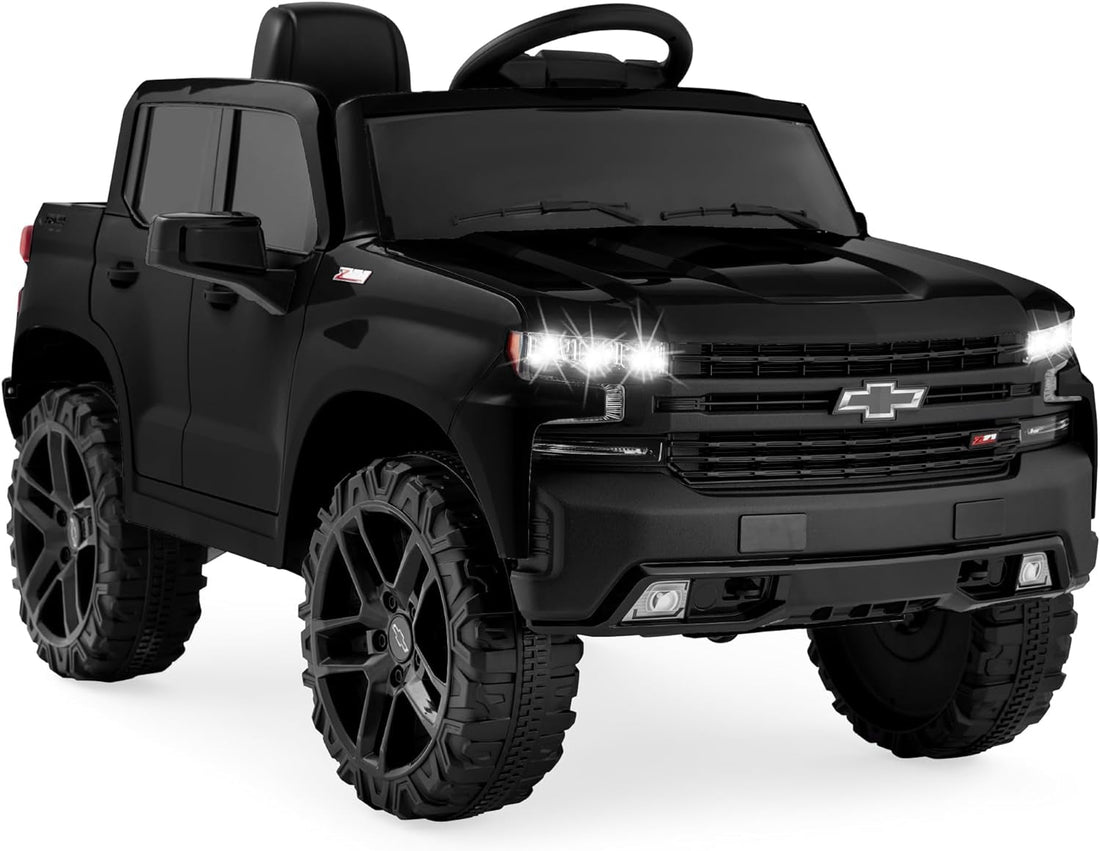 12V Licensed Chevrolet Silverado Ride on Truck, Electric Car Toy W/Parent Remote Control, Truck Bed Storage, Bluetooth Speaker, LED Lights, 2.5 MPH Max Speed - Black