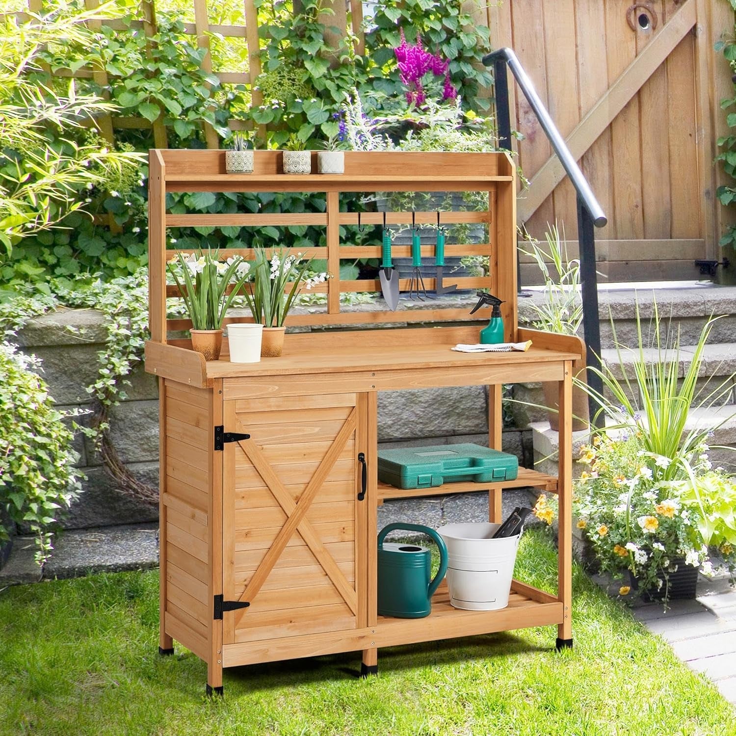 Outdoor Potting Bench, Large Horticulture Work Table Workstation with Storage Cabinet Shelf &amp; Planting Working Console for Patio/Lawn/Garden - Wood