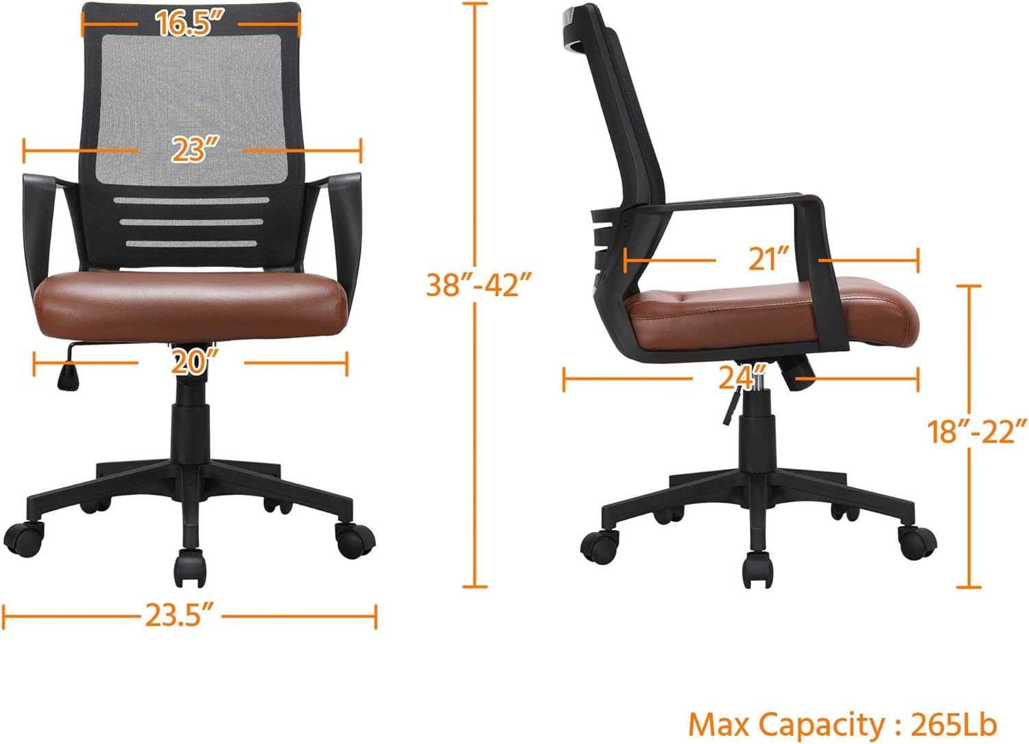 Mid Back Mesh Chair W/Leather Seat Executive Office Chair Computer Task Chair with Armrests Ergonomic Desk Chair with Lumbar Support, Brown