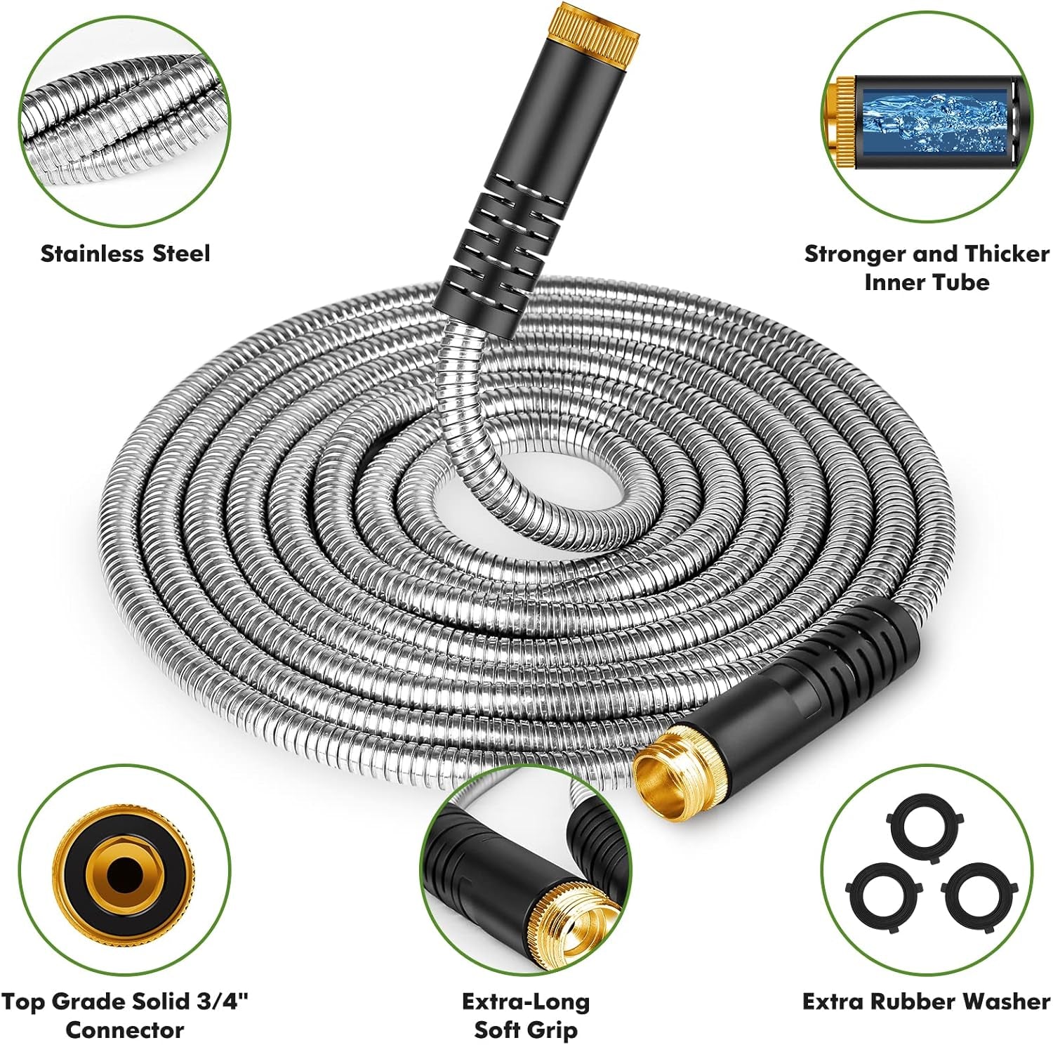 Garden Hose 50 Ft, Stainless Steel Water Hose with 10 Function Nozzle Flexible, Heavy Duty, Lightweight, No-Kink, Pet Proof, Puncture Proof Hose Metal for Yard,Outdoor