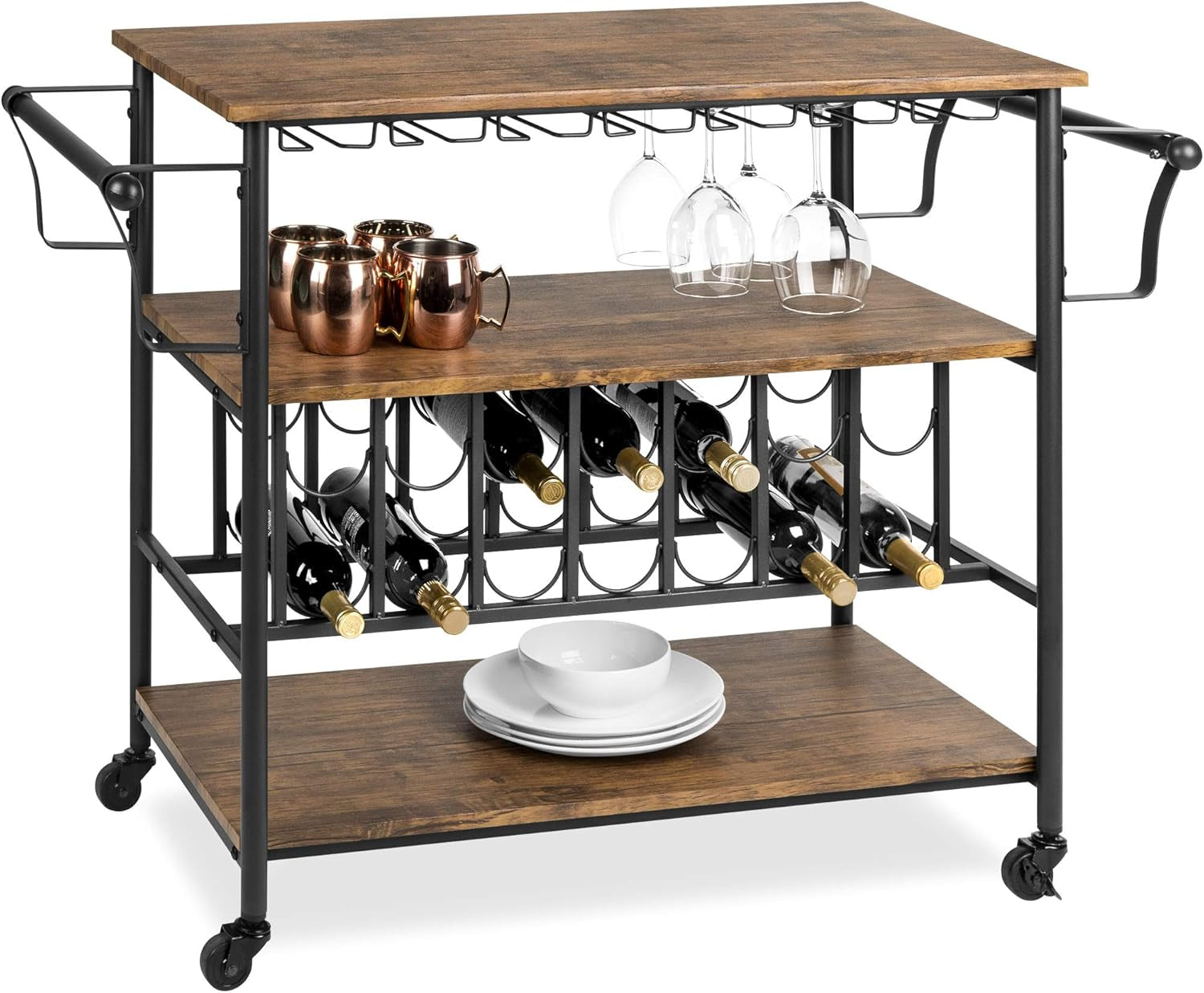 45In Industrial Wood Shelf Bar &amp; Wine Storage Service Cart Trolley W/ 14 Bottle &amp; 18 Glass Racks, Locking Caster Wheels