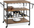 45In Industrial Wood Shelf Bar & Wine Storage Service Cart Trolley W/ 14 Bottle & 18 Glass Racks, Locking Caster Wheels