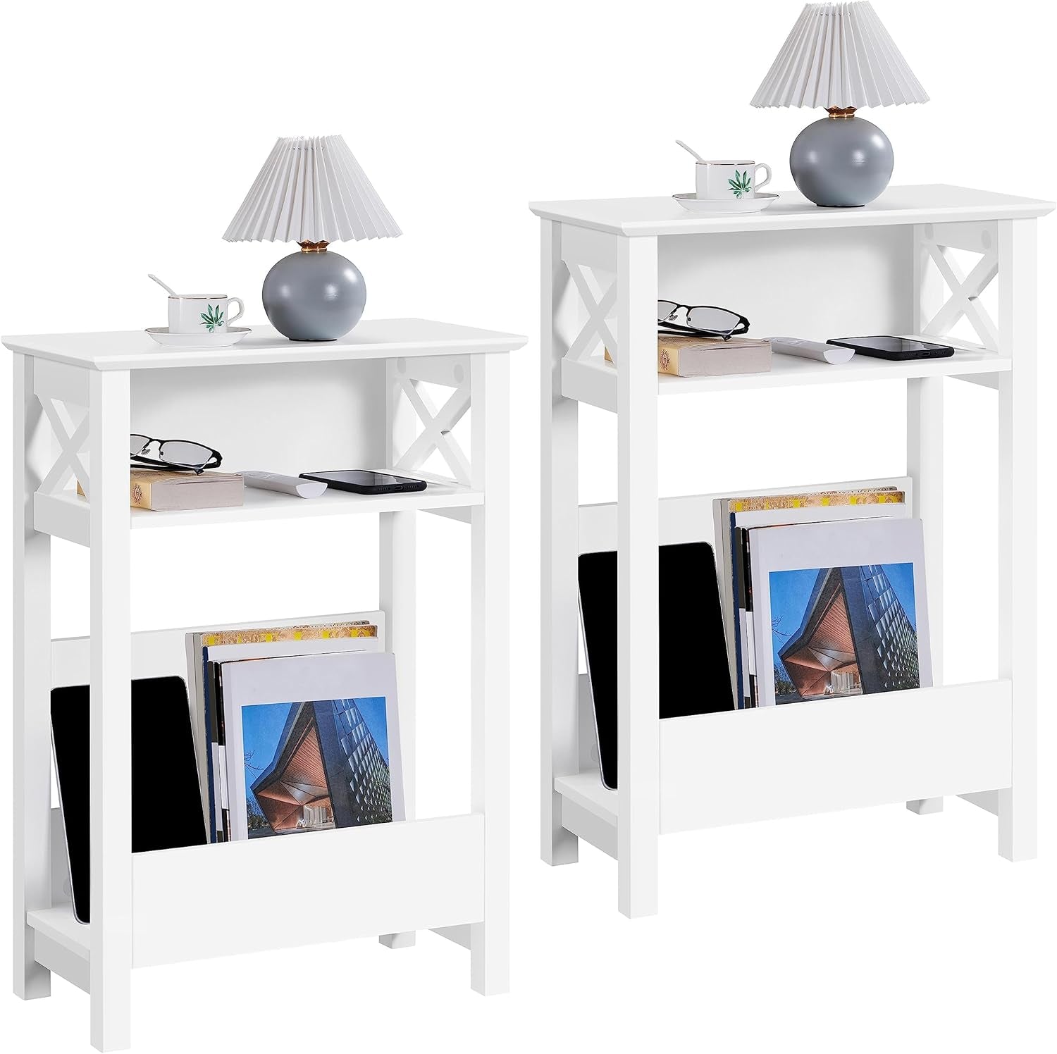 Small Side Table with Storage Shelf, 3-Tier Slim End Table with Magazine Rack, X Shaped Magazine Table for Living Room Home Office Balcony Small Spaces, Effortless Assembly, White