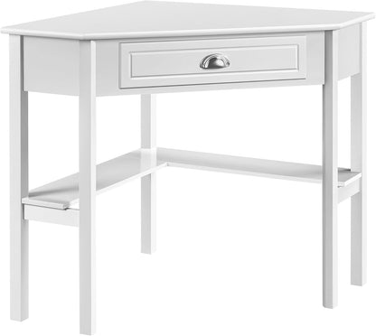 L-Shaped Computer Desk Corner Table with Large Drawer &amp; Storage Shelves, 90 Degrees Triangle Writing Desk Laptop PC Table for Home Office, Study Workstation for Small Space, White