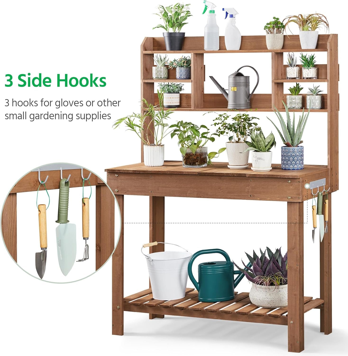 Potting Bench Table Horticulture Germination Table &amp; Outdoor Garden Work Bench Platform W/Display Rack/Storage Shelf/Hanger/Thoughtful Sink Brown