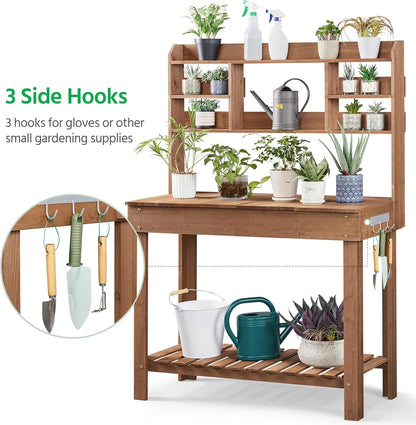 Potting Bench Table Horticulture Germination Table &amp; Outdoor Garden Work Bench Platform W/Display Rack/Storage Shelf/Hanger/Thoughtful Sink Brown