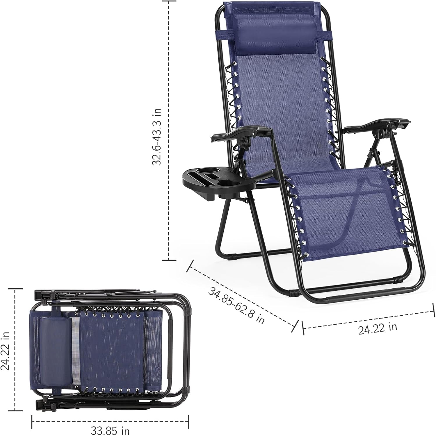 Zero Gravity Chairs, Set of 2 Portable Recliner Beach Camping Patio Outdoor Folding Lounge Chair with Cup Holder Trays and Adjustable Pillow for Poolside, Garden, Backyard, Lawn (Blue)