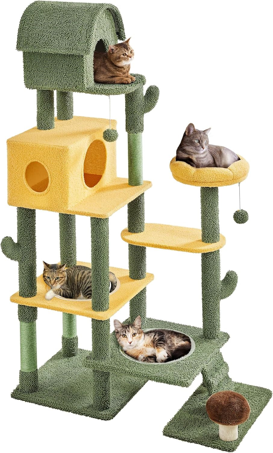 Cactus Cat Tree, Large Cat Tree for Indoor Cats, Multi-Level Cat Tower with 2 Large Condo, Scratching Posts, 2 Acrylic Clear Bowls and Dangling Balls, 68.5In