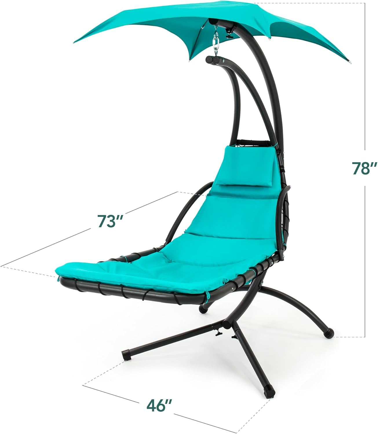 Hanging Led-Lit Curved Chaise Lounge Chair Swing for Backyard, Patio, Lawn W/ 3 Light Settings, Weather-Resistant Pillow, Removable Canopy Shade, Steel Stand - Teal