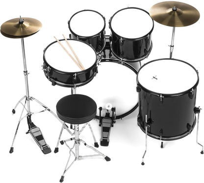 5-Piece Full Size Complete Adult Drum Set W/Cymbal Stands, Stool, Drum Pedal, Sticks, Floor Tom (Black)