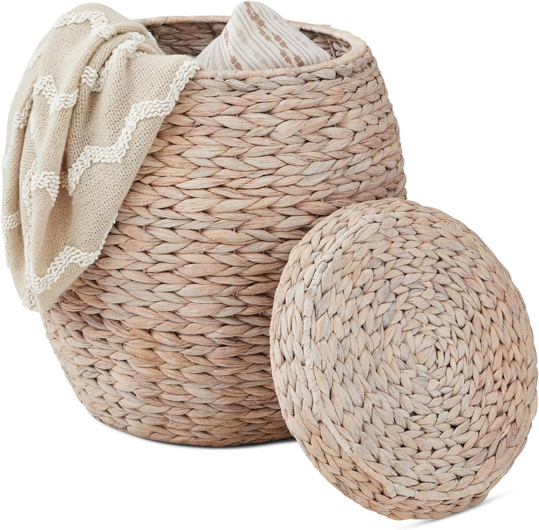 Vintage Multipurpose Hyacinth Storage Basket, Plant Décor, Handwoven Organizer Tote for Bedroom, Living Room, Bathroom, W/Lid - Transparent White