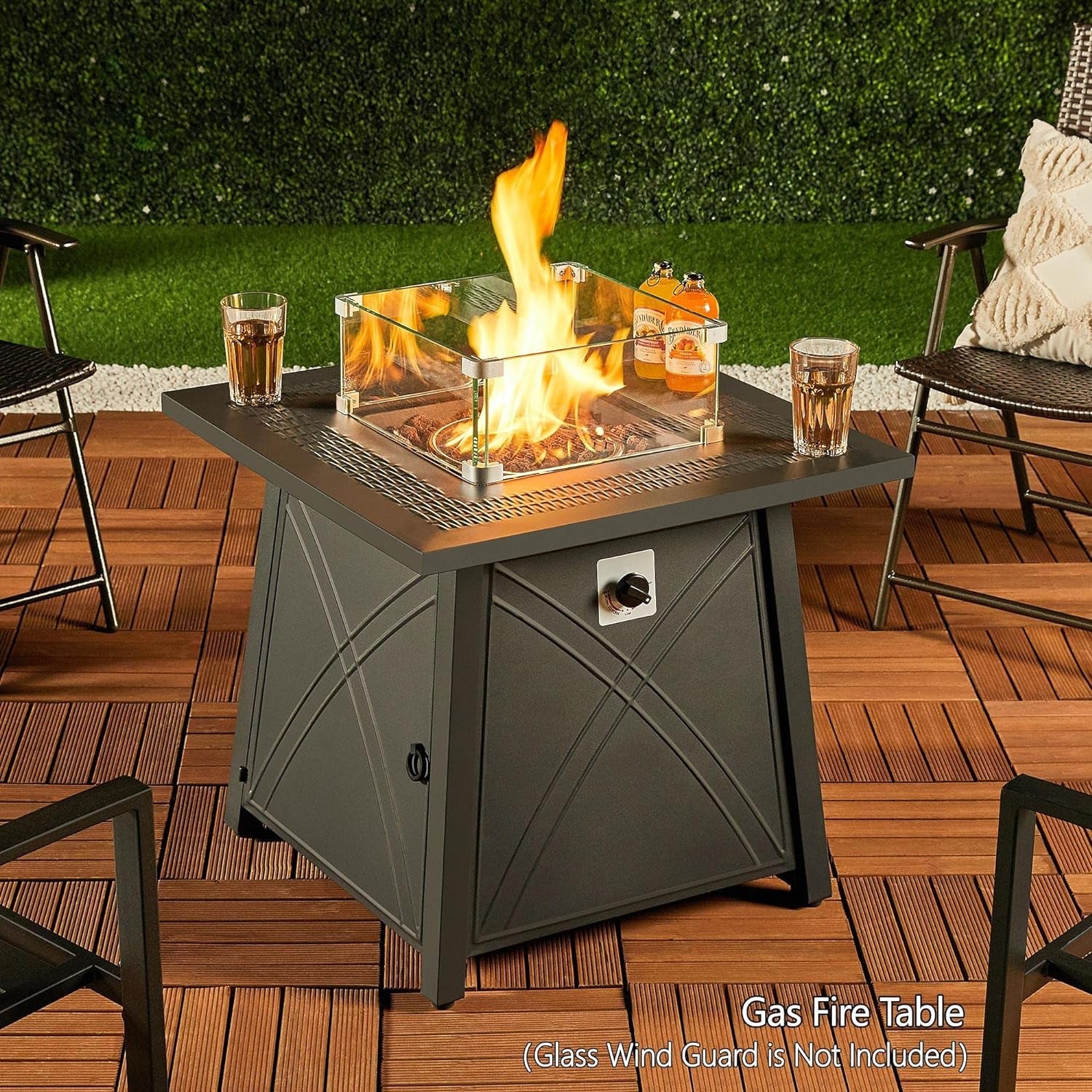 28In Propane Fire Pit Gas Fire Pit Table with Lid and Iron Tabletop for Outdoor, Patio, Garden and Camping, 50,000 BTU with Lava Rocks, Heavy Duty 2 in 1 Square Firepit Table for Party