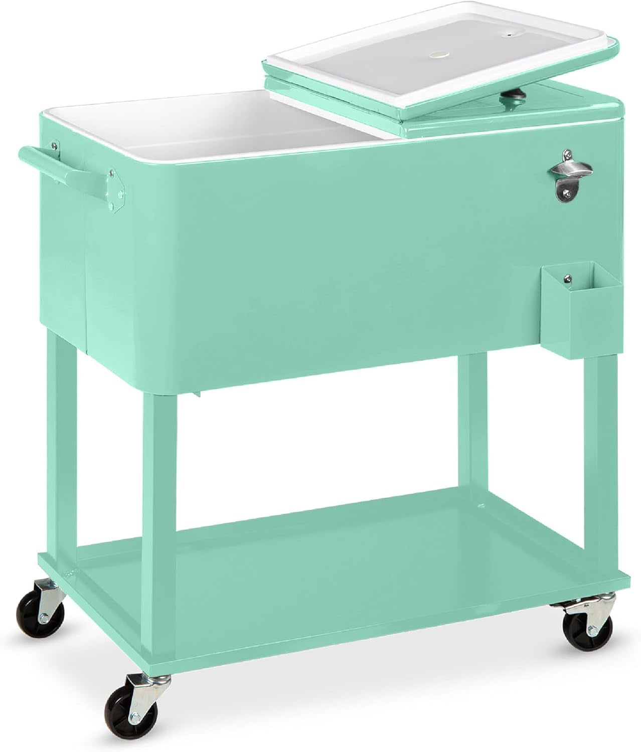 80-Quart Outdoor Steel Rolling Cooler Cart W/Ice Chest, Bottle Opener, Catch Tray, Drain Plug, Locking Wheels