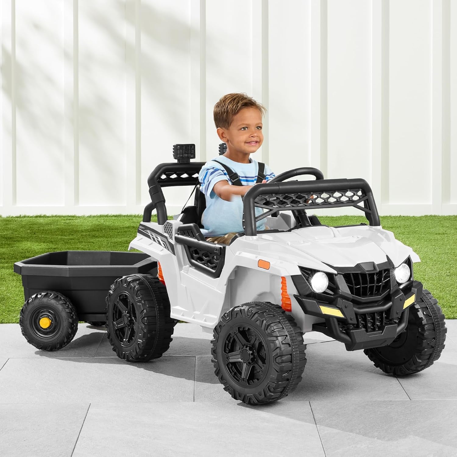 Kids 12V Electric Ride on UTV Car and Trailer W/Parent Control, LED Lights, 2 Speeds, Bluetooth - Black