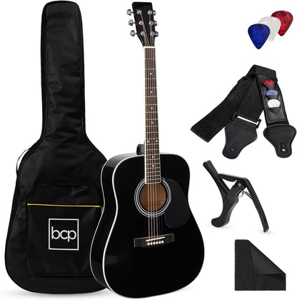 41In Full Size Beginner All Wood Acoustic Guitar Starter Set W/Case, Strap, Capo, Strings, Picks - Natural