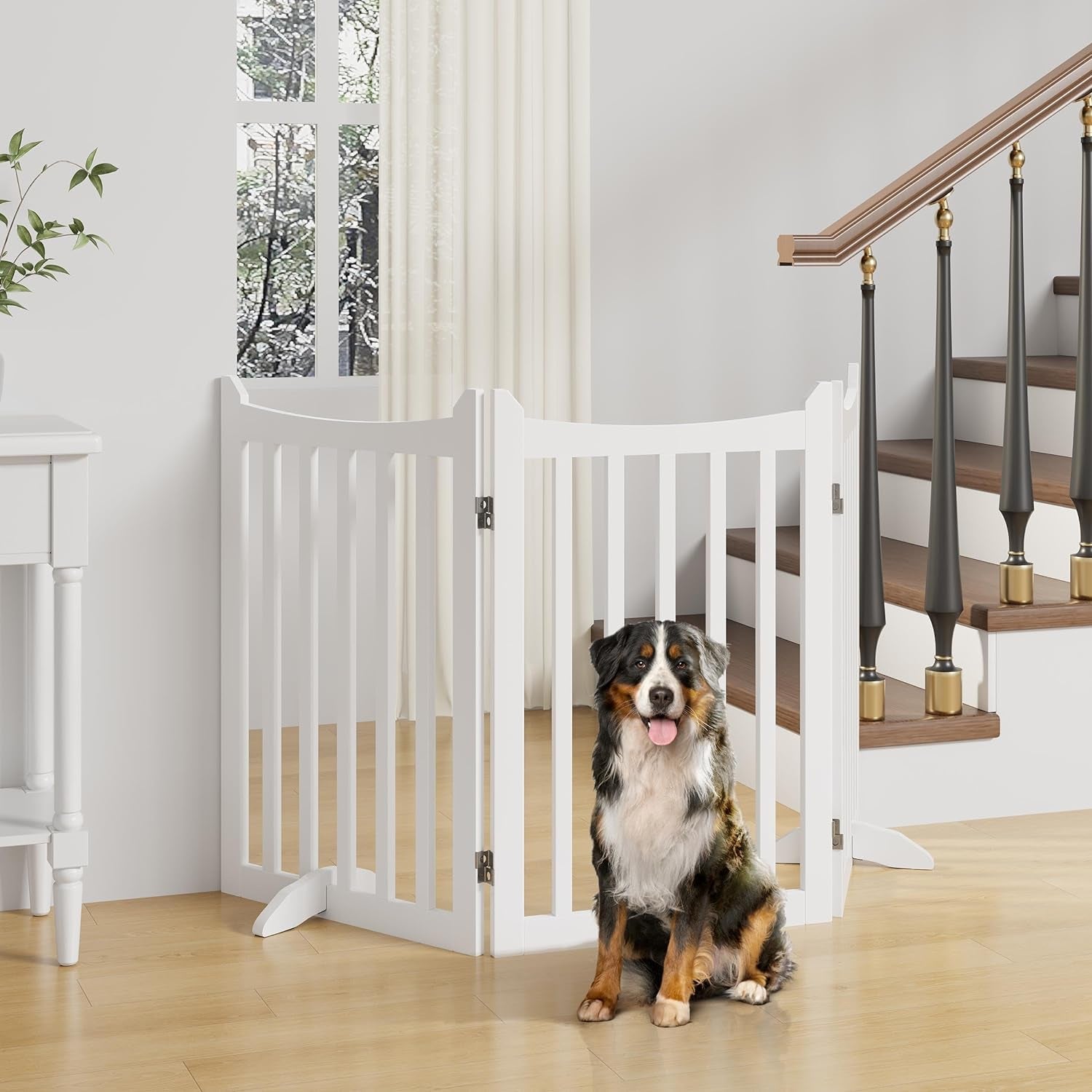 Dog Gate 36&quot; H Extra Large Freestanding Pet Gate 3-Panel Wooden Dog Fence with 2 Support Feet Folding Dog Gate for Indoor, Stairs, Doorways, Halls, Kitchen Pet Barrier White, 60&quot; L X 36&quot; H