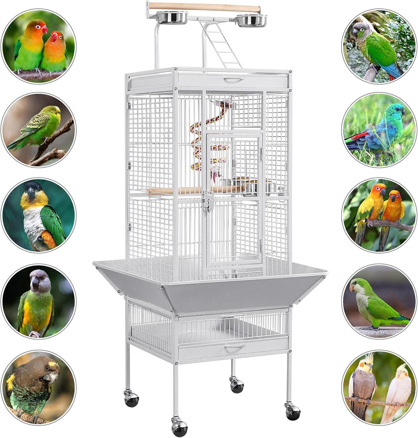 Wrought Iron Bird Cages, Play Top Large Aviary with Stand for Cockatiel Parrot Sun Parakeet Conures Lovebird Budgie Finch African Grey White, 61-Inch