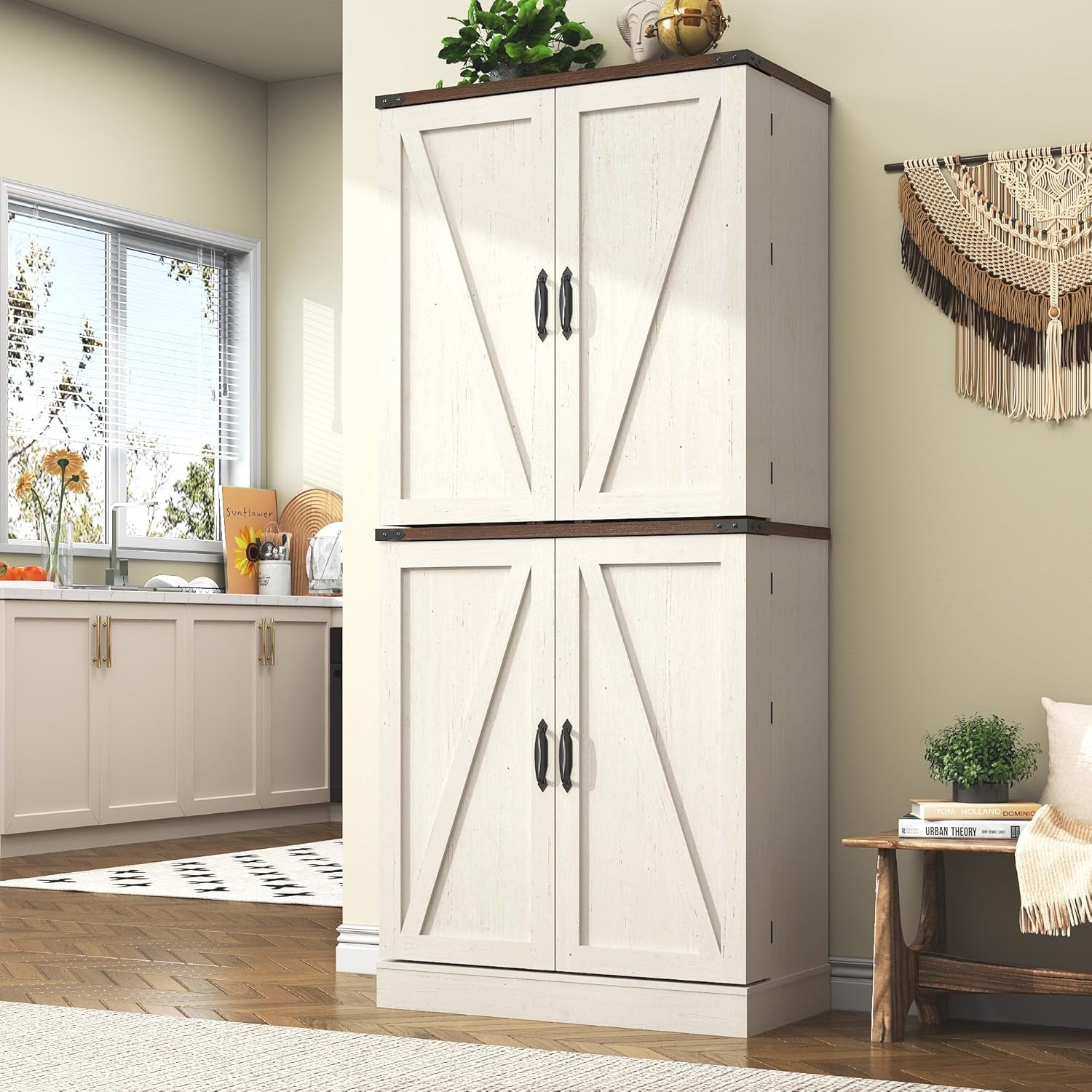 Farmhouse Kitchen Pantry Cabinet, 71&quot; Tall Storage Cabinet with Adjustable Shelves &amp; 4 Barn Doors &amp; Drawer, Rustic Wood Cupboard for Kitchen, Dining Room, Living Room, White