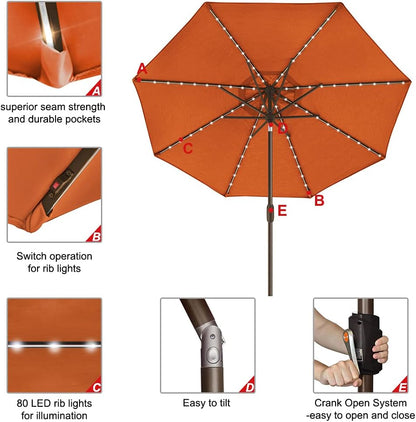 USA 10-Year-Non-Fading Solar 9Ft Market Umbrella with 80 LED Lights Patio Umbrellas Outdoor Table Umbrella with Ventilation,Rust