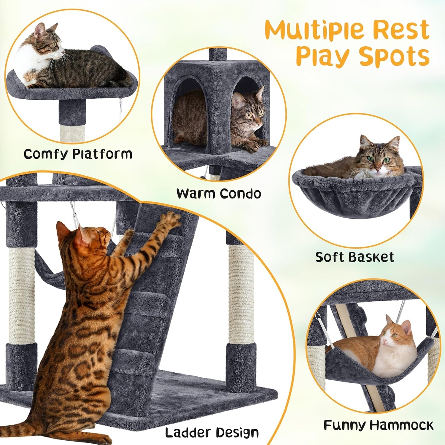 Cat Tree, 54In Tall Cat Tower for Indoor Cats, Multi-Level Cat Furniture with Extended Platform &amp; Basket, Spacious Cat Condo, Funny Hammock, Scratching Posts and Ladder for Kittens