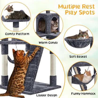 Cat Tree, 54In Tall Cat Tower for Indoor Cats, Multi-Level Cat Furniture with Extended Platform &amp; Basket, Spacious Cat Condo, Funny Hammock, Scratching Posts and Ladder for Kittens