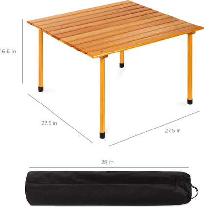 28X28In Foldable Indoor Outdoor All-Purpose Portable Wooden Table for Picnics, Camping, Beach, Tailgating, Patio, Kitchen, Living Room W/Carrying Case - Brown