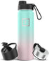 Camping & Hiking Hydration Flask with 3 Lids - Stainless Steel, Double Walled & Vacuum Insulated Water Bottle - Leak Proof & BPA Free (Bubble Gum, Straw - 22 Oz)