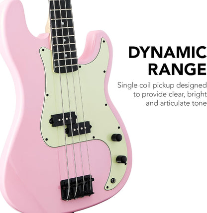 Full Size Beginner 4-String Electric Bass Guitar, Wooden Pb-Style Bass Starter Set W/Padded Carrying Case - Pink/Mint