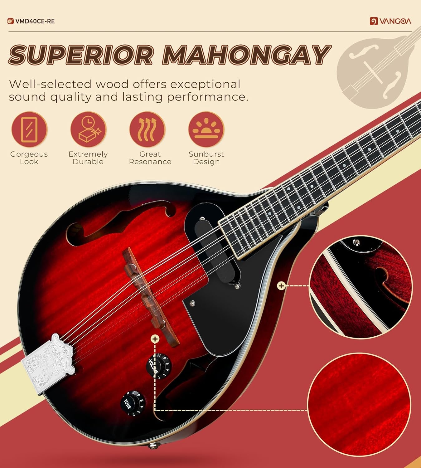 Mandolin Musical Instrument a Style Acoustic Electric Mandolin Instrument, 8 Strings Mahogany Mandolin for Beginner Adults Teens, Cherry Red