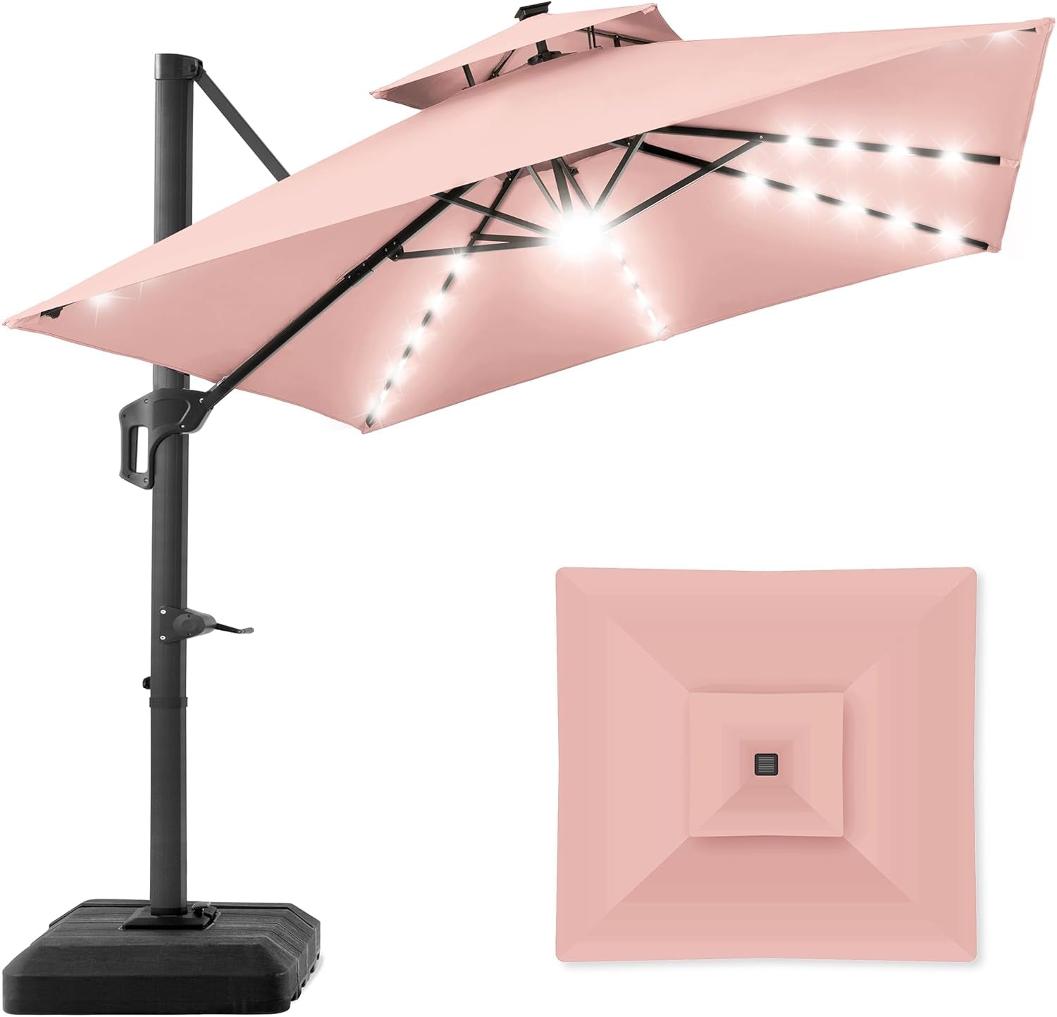 10X10Ft 2-Tier Square Cantilever Patio Umbrella with Solar LED Lights, Offset Hanging Outdoor Sun Shade for Backyard W/Included Fillable Base, 360 Rotation - Burgundy