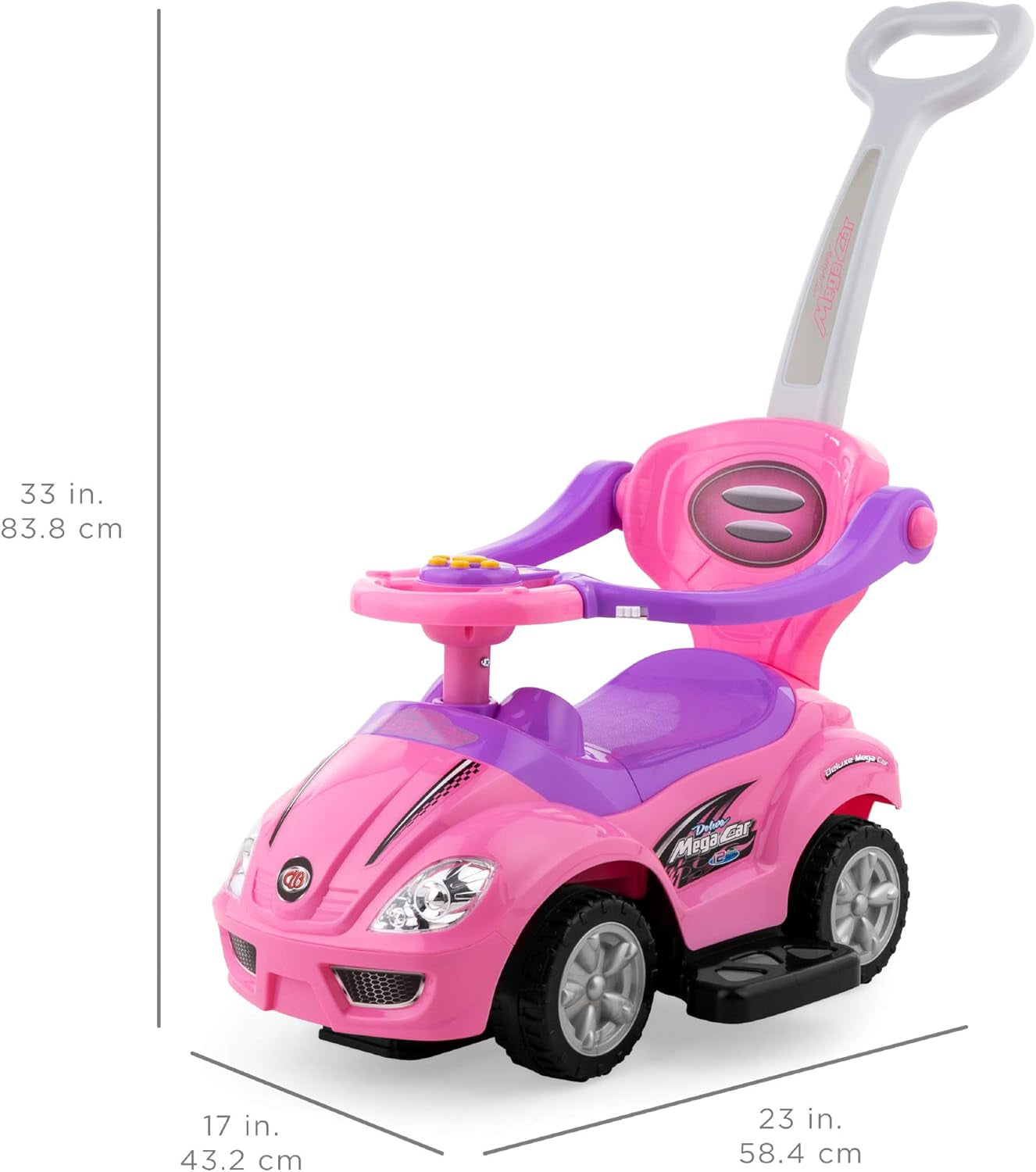 Kids 3-In-1 Push and Pedal Car Toddler Ride on W/Handle, Horn, Music - Pink