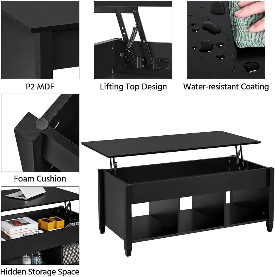 Black Coffee Table, 47.5In Lift Top Coffee Table, Lift up Center Table W/Hidden Compartment &amp; 3 Cube Open Shelves for Living Room