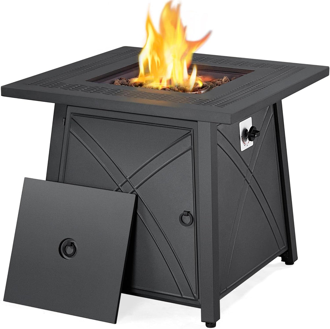 28In Propane Fire Pit Gas Fire Pit Table with Lid and Iron Tabletop for Outdoor, Patio, Garden and Camping, 50,000 BTU with Lava Rocks, Heavy Duty 2 in 1 Square Firepit Table for Party